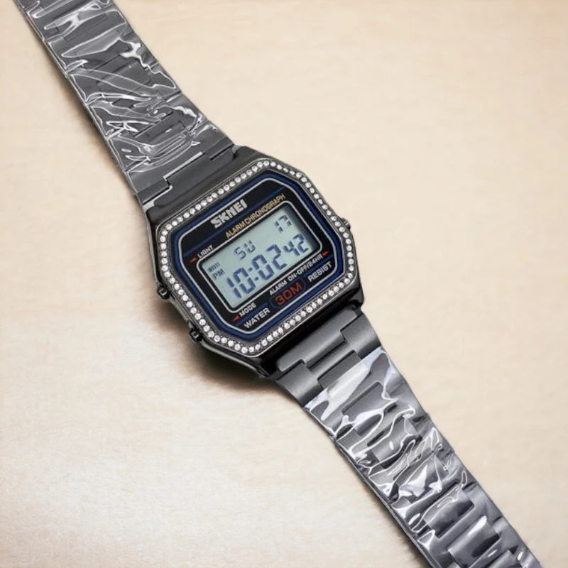 Skmei 1474 Black Crystal lady women stainless steel waterproof multifunction digital watch