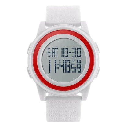 SKMEI 1206 Flat Thin Dial Digital Watch for Girls Multifunctional Time and Date Display White with Red