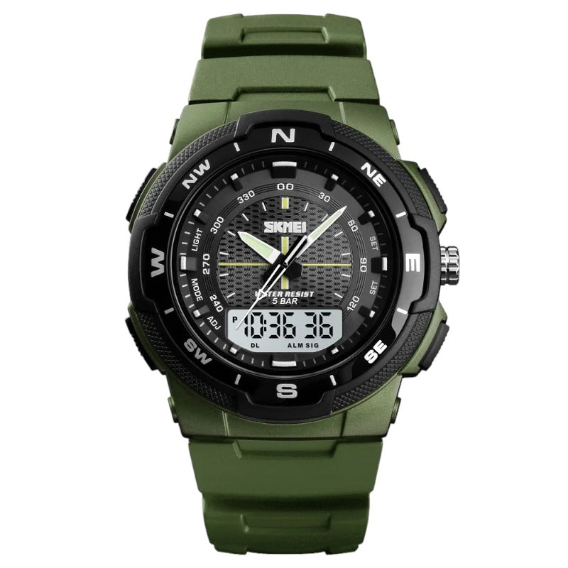 SKMEI 1454 Stylish casual sports watch for men, multifunctional, digital, with water resistance, black dial, Green rubber strap