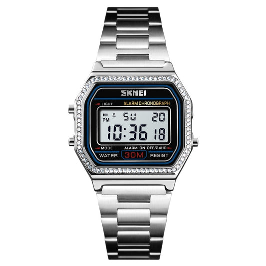 SKMEI 1474 lady Luxury watch fashion waterproof Digital steel Watches - Silver Encrusted with crystal‏