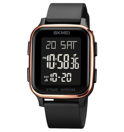 SKMEI 1858 unisex digital sports digital watch with a dark dial, Gold frame and black bracelet