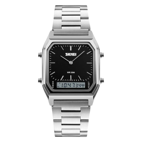 A Skmei 1220 stainless steel wristwatch with a square black dial and a silver metal band.