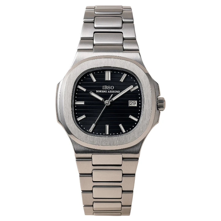 Silver watch with black face
