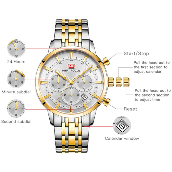 MINI FOCUS MF0001G Men's Luxury Chronograph Gold Stainless Steel Watch