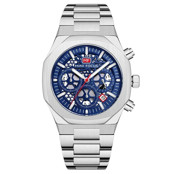 MINI FOCUS MF0411G Men's Chronograph Watch Silver Steel Blue Dial