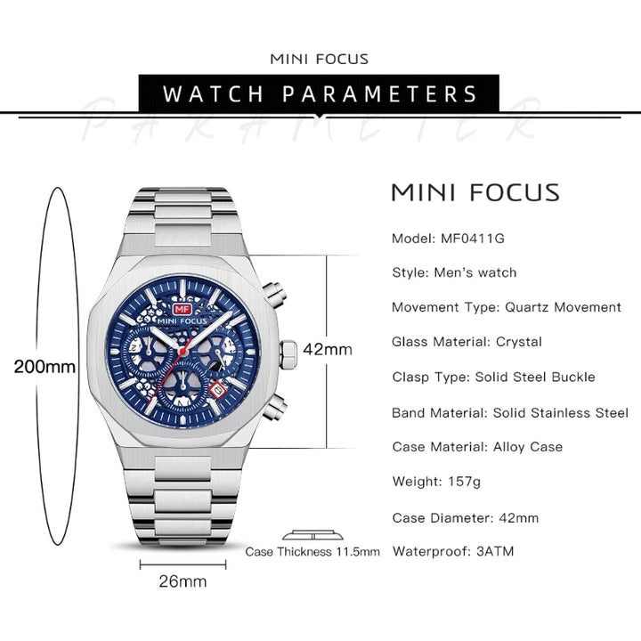 MINI FOCUS MF0411G Men's Chronograph Watch Silver Steel Blue Dial