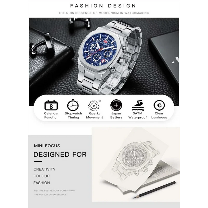 MINI FOCUS MF0411G Men's Chronograph Watch Silver Steel Blue Dial
