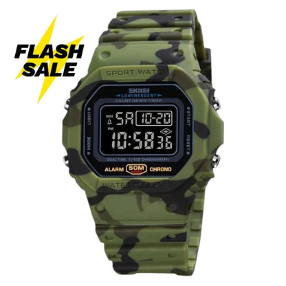 SKMEI 1628 millitary green Luxury Retro Military Sports Watches for Men Multifunctional Countdown Digital Clock Waterproof Wristwatches- Green