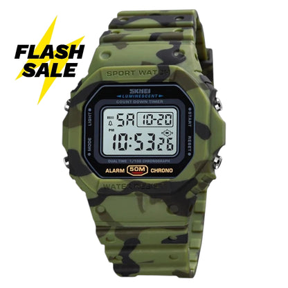 SKMEI 1628 millitary geen Luxury Retro Military Sports Watches for Men Multifunctional Countdown Digital Clock Waterproof Wristwatches- Green