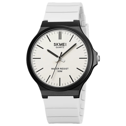ساعة SKMEI 2108 كاجوال انالوج للجنسين بمينا أبيض وحزام أسود من ساعات SKMEI الأصلية