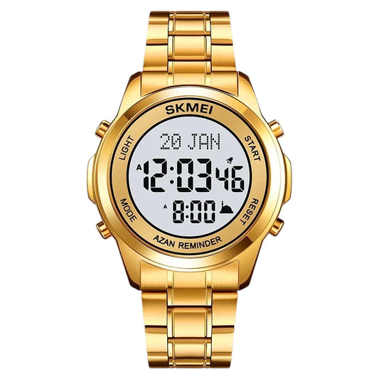 Skmei 2097 Gold islamic watch Prayer Times Azan Reminder Qibla Direction Arabic support Hijri Callender White dial