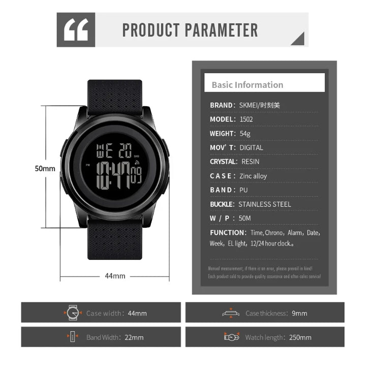SKMEI 1502 Ultra-Slim Digital Watch All Black