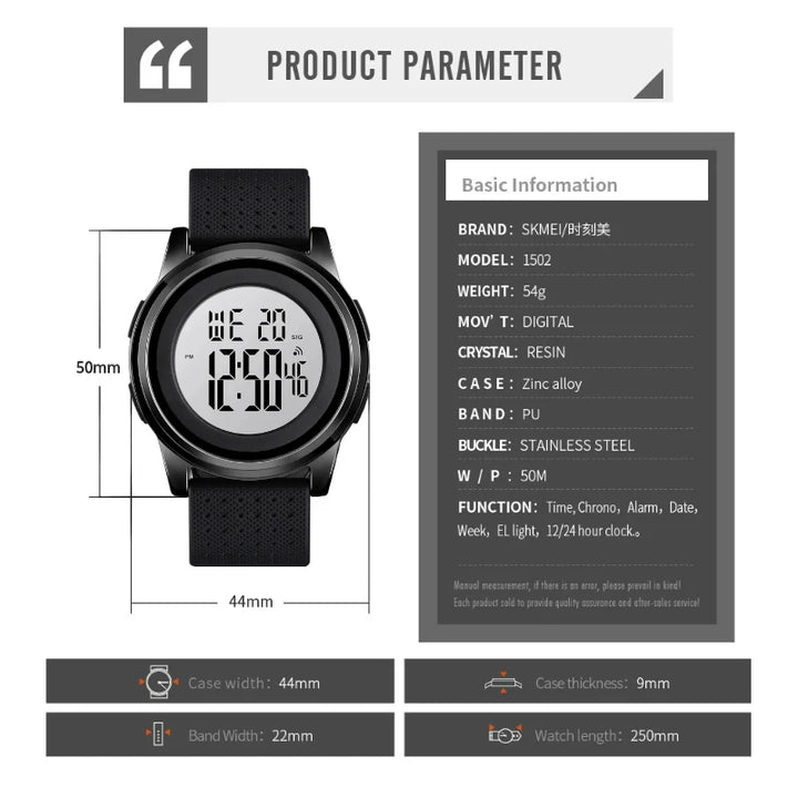SKMEI 1502 Ultra-Slim Digital Watch Black Metal & Rubber Strap