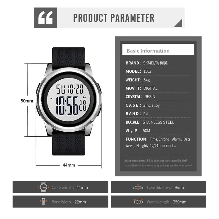 SKMEI 1502 Ultra-Slim Digital Watch Silver Case, Black Strap