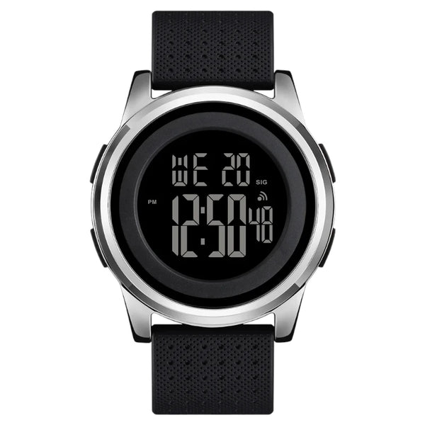 SKMEI 1502 Ultra-Slim Digital Watch Silver Case Dark Dial & Black Strap