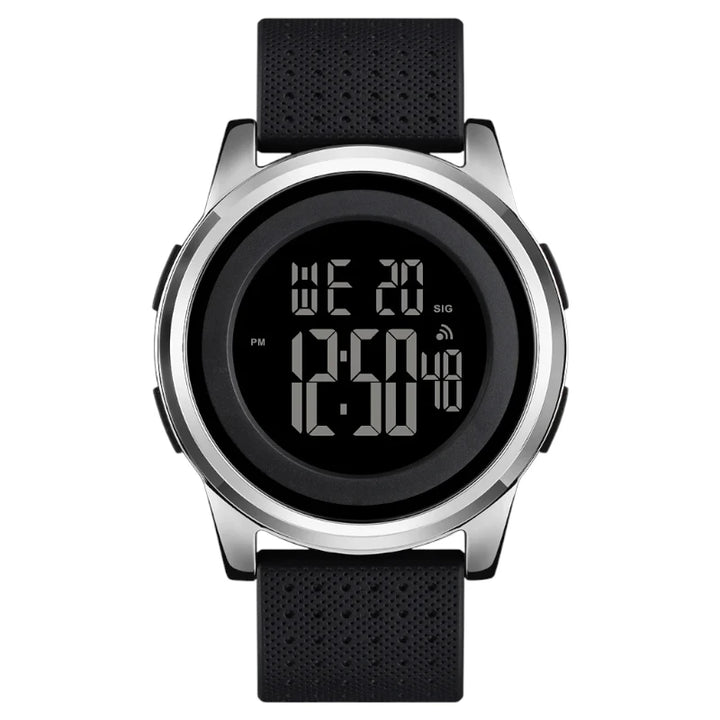 SKMEI 1502 Ultra-Slim Digital Watch Silver Case Dark Dial & Black Strap