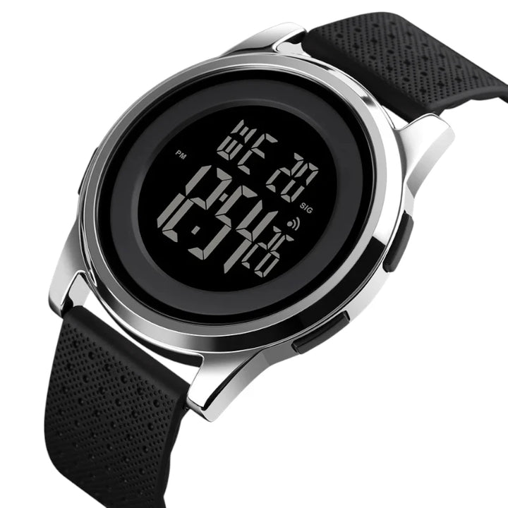 SKMEI 1502 Ultra-Slim Digital Watch Silver Case Dark Dial & Black Strap
