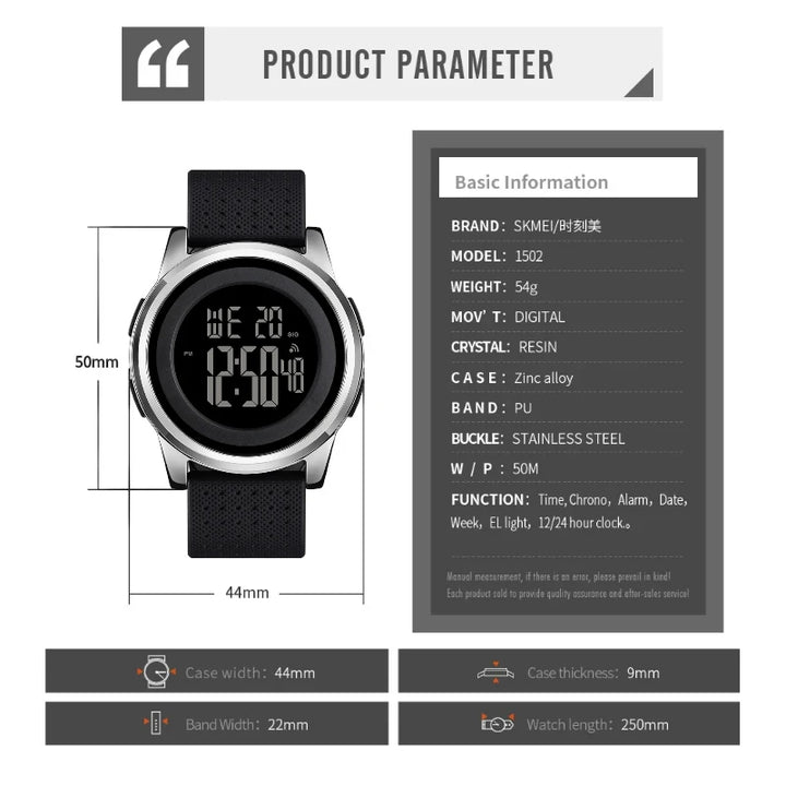 SKMEI 1502 Ultra-Slim Digital Watch Silver Case Dark Dial & Black Strap