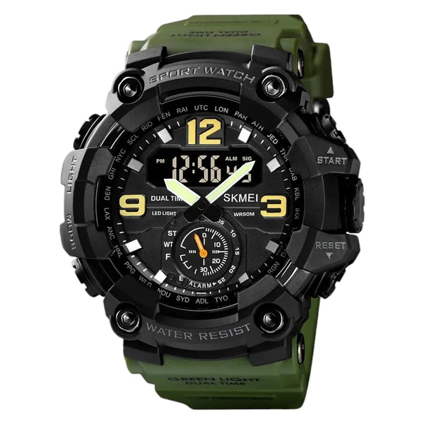 SKMEI 1637 Military Sport Watch 3 Time Display Black & Olive Green