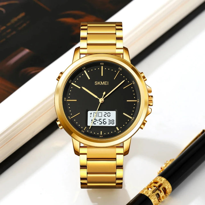 SKMEI 1652 Dual Display Luxury Watch Gold Clear Stainless Steel Clear