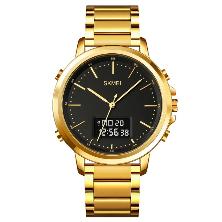 SKMEI 1652 Dual Display Luxury Watch Gold Stainless Steel Dark Screen