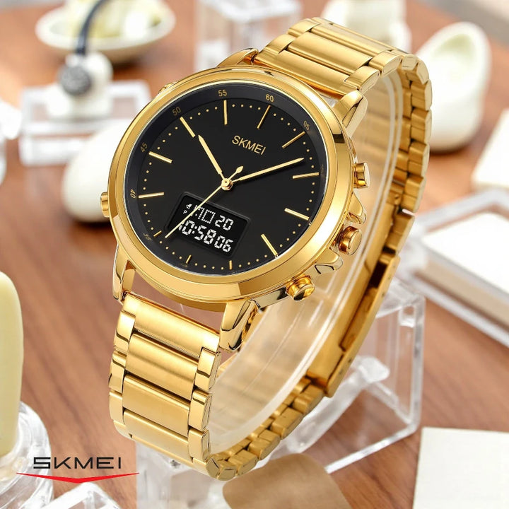 SKMEI 1652 Dual Display Luxury Watch Gold Stainless Steel Dark Screen