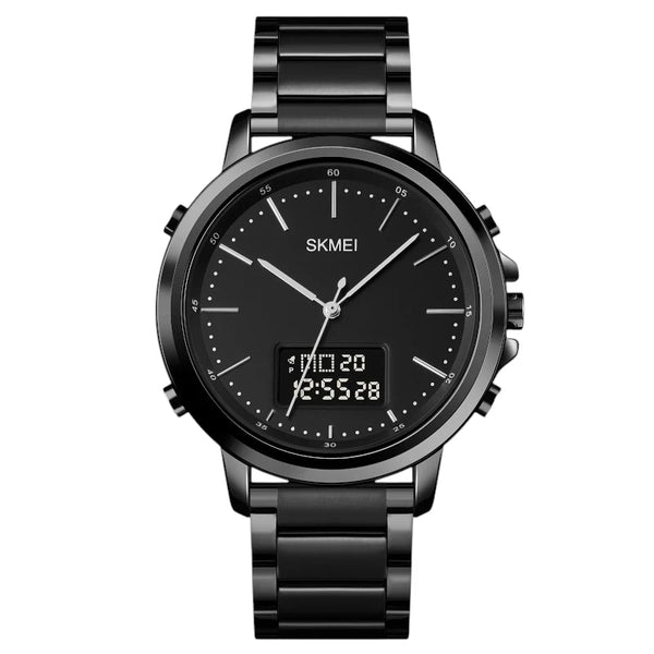 SKMEI 1652 Dual Display Watch All-Black Stainless Steel & Dark Screen