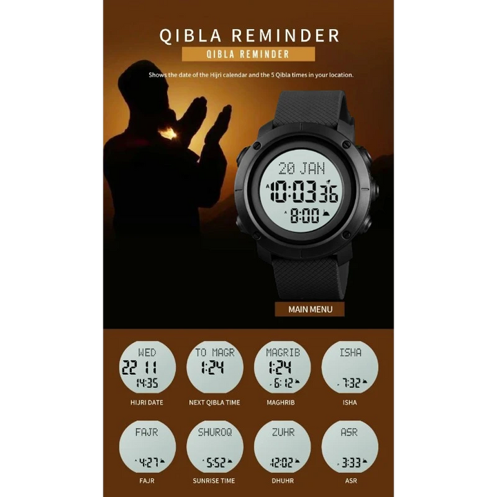 SKMEI 1728 Islamic Prayer Azan Watch Rubber Strap Black