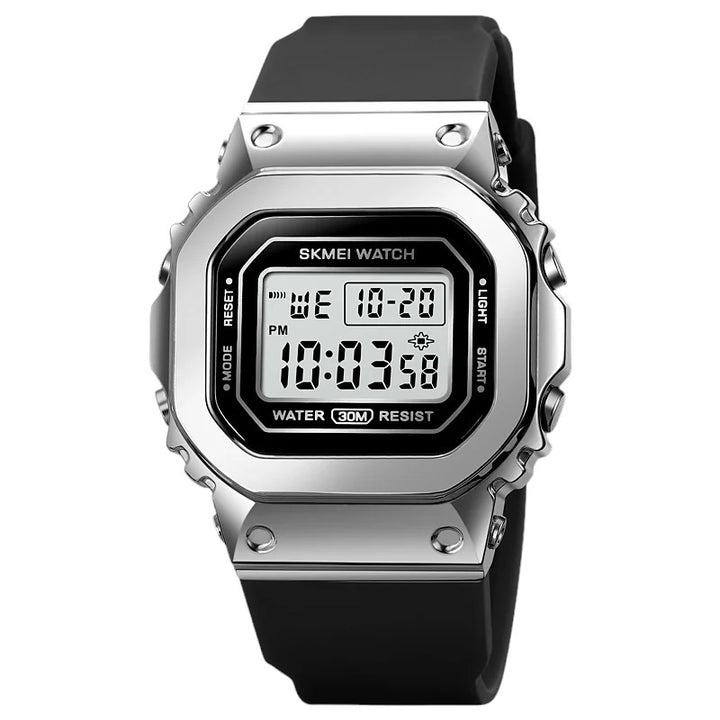 A digital SKMEI sports watch with a black band and silver case featuring a digital display.