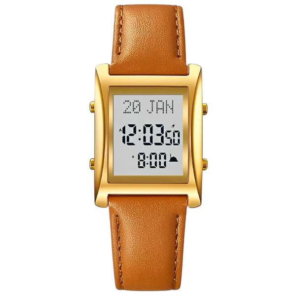 SKMEI 1815 Deluxe Prayer Gold Watch Brown Leather Strap