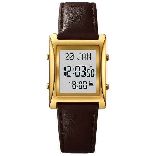 SKMEI 1815 Deluxe Prayer Gold Watch Dark Brown Leather Strap