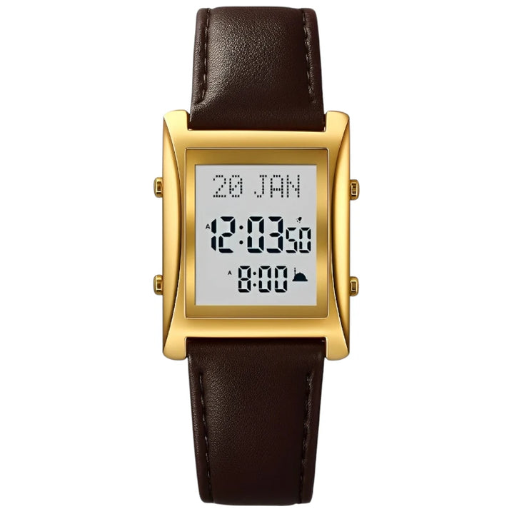SKMEI 1815 Deluxe Prayer Gold Watch Dark Brown Leather Strap