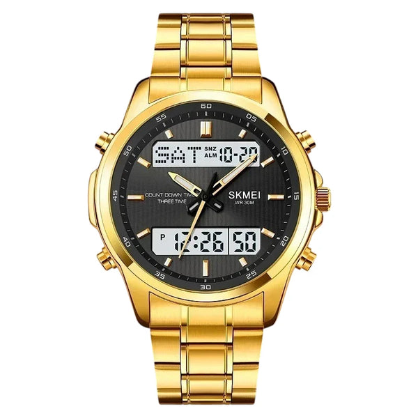 SKMEI 2049 Luxury Sport Watch Gold Stainless Steel & Dual Display