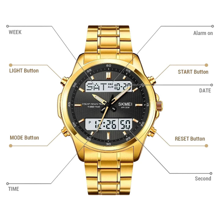 SKMEI 2049 Luxury Sport Watch Gold Stainless Steel & Dual Display 2