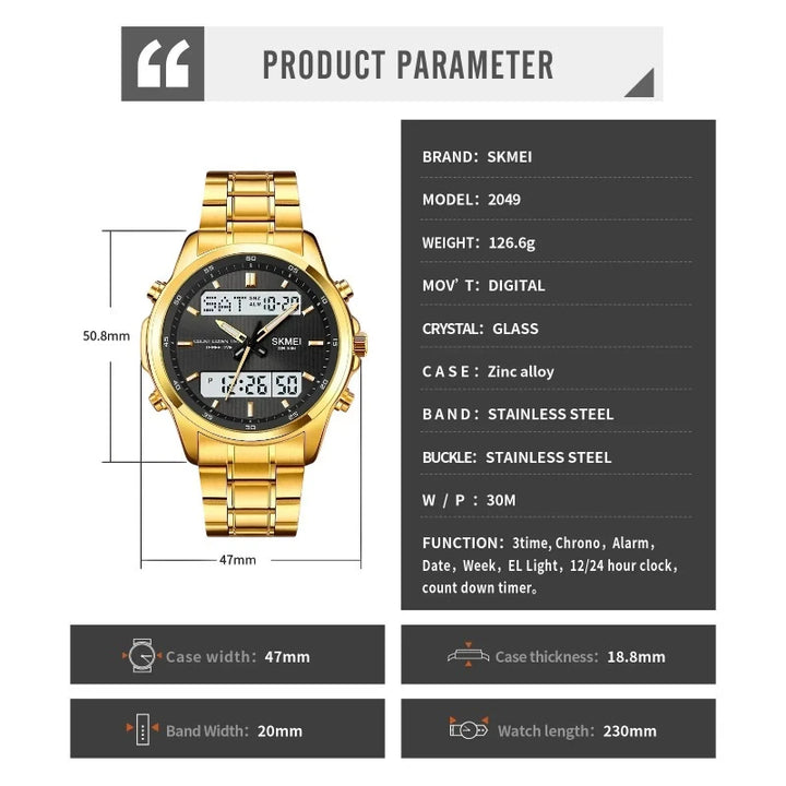 SKMEI 2049 Luxury Sport Watch Gold Stainless Steel & Dual Display 3
