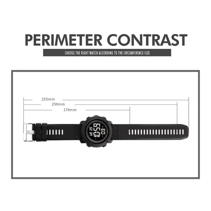 Black digital watch with measurement chart on a white background