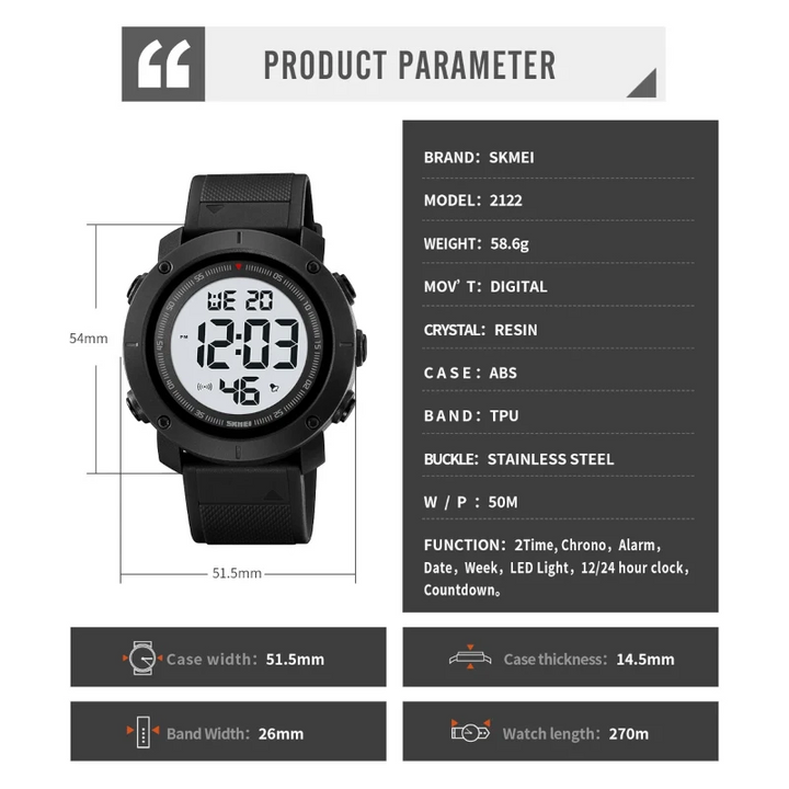 Black digital watch with product parameters on a white background