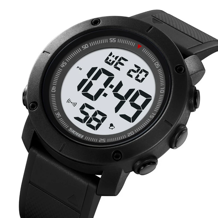 Black digital watch with a white display on a white background