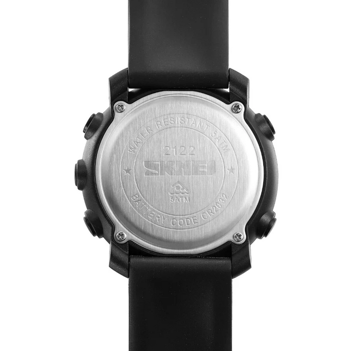 Back view of a black watch with visible branding on a white background
