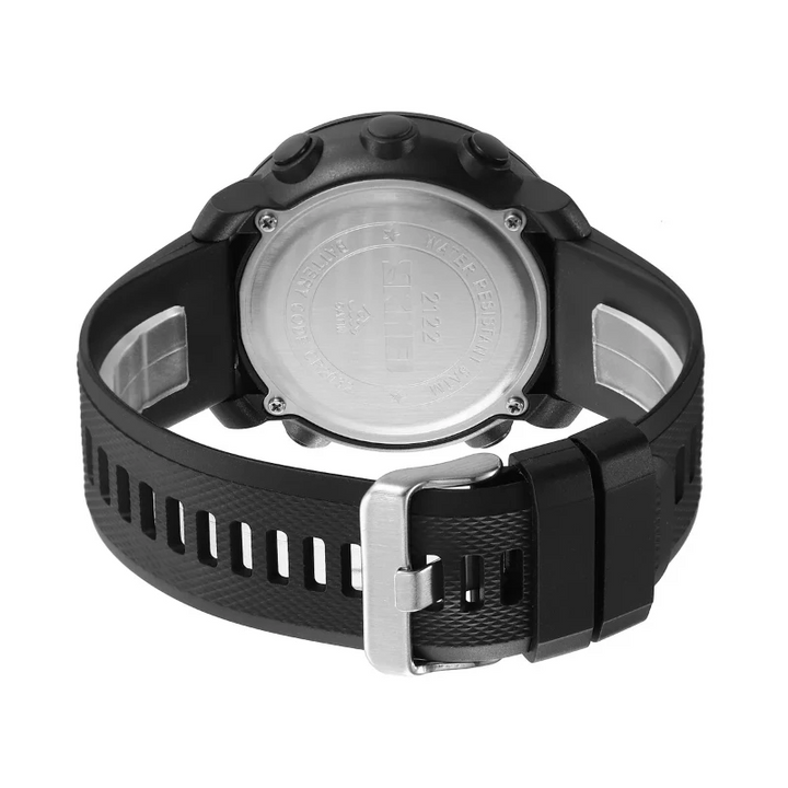 Black watch with a metallic buckle on a white background