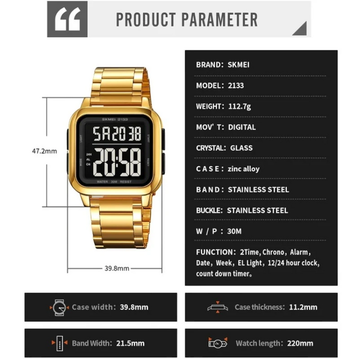 SKMEI 2133 Classic Digital Watch Stainless Steel Silver