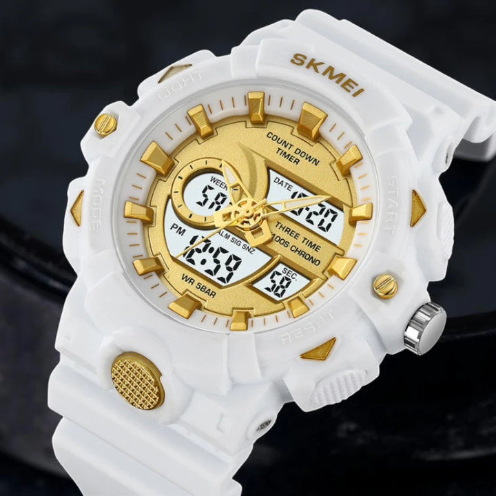 SKMEI 2225 Unisex Dual Analog Digita Display Sport Watch White Gold