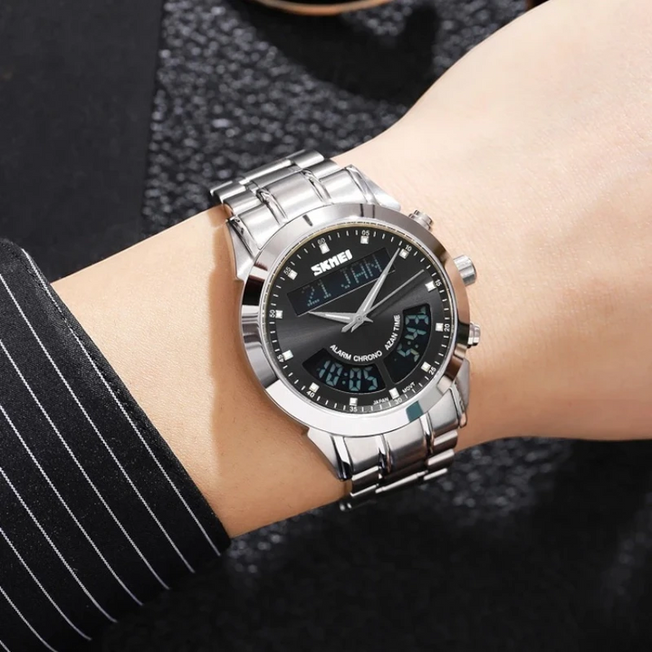 SKMEI Q036 Deluxe Prayer Watch Dual Display Silver Case & Black Leather Strap
