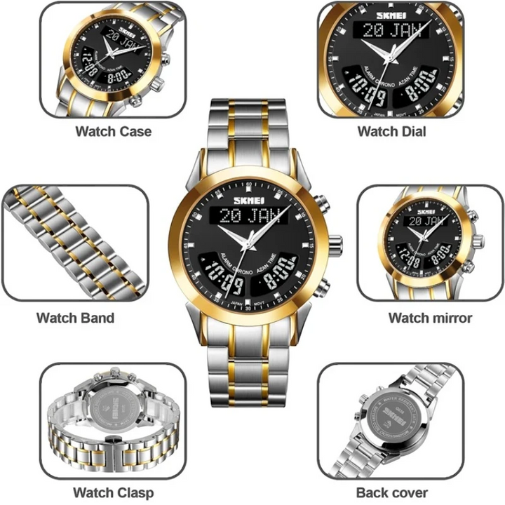SKMEI watch with detailed view of case, dial, band, mirror, clasp, and back cover on a white background.