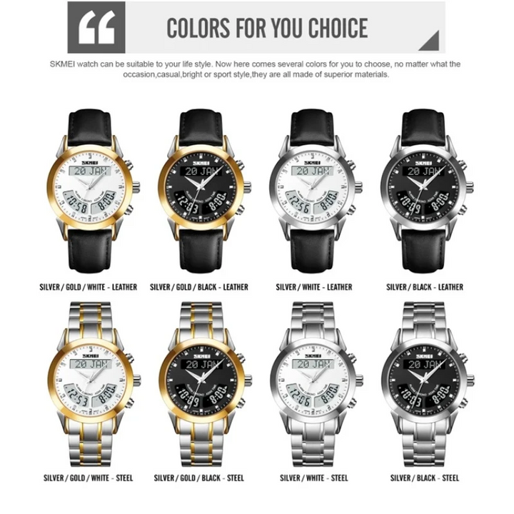 Various SKMEI watches with different color combinations on a white background