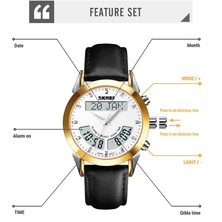 Wristwatch with black leather strap and gold casing, featuring digital and analog display, on a white background with feature labels.