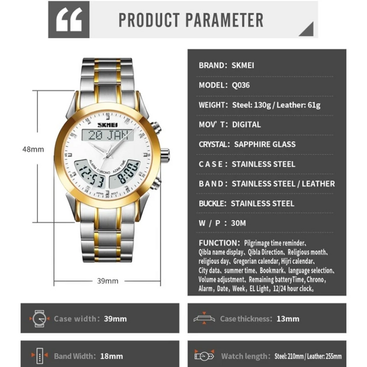 SKMEI watch with product parameters on a white background