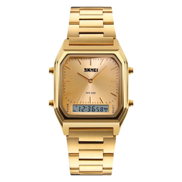 Skmei 1220 Gold Stainless Steel Square Analog Digital Watch