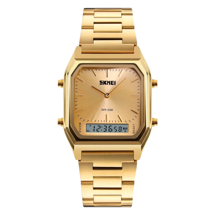 Skmei 1220 Gold Stainless Steel Square Analog Digital Watch