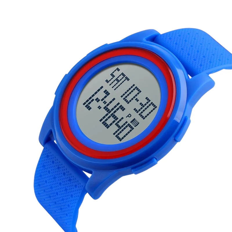 SKMEI 1206 Flat Thin Dial Digital Watch for Girls Multifunctional Time and Date Display Blue Red